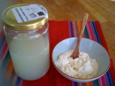 Raw milk left at room temperature to produce whey and cream cheese
